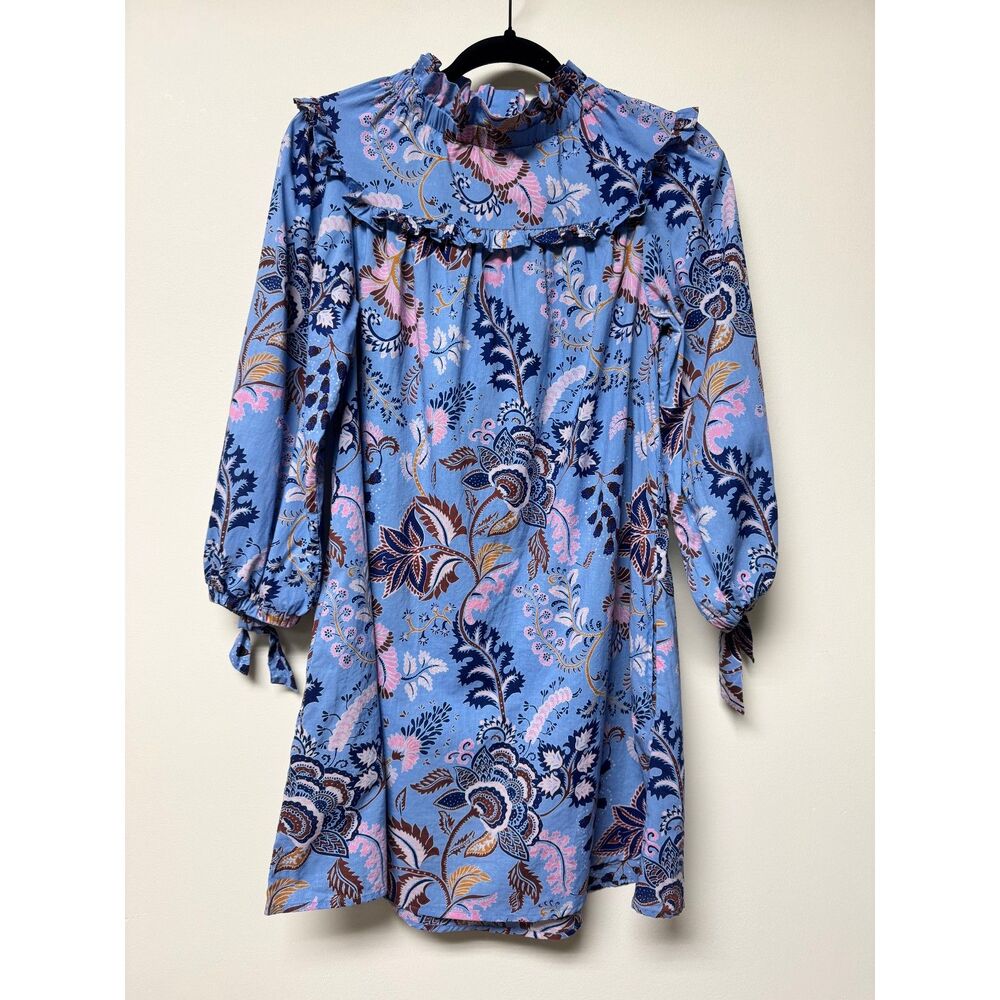 OLIVIA JAMES THE LABEL Blue Floral Print Cotton Long Sleeve Mini, India, Sz XS